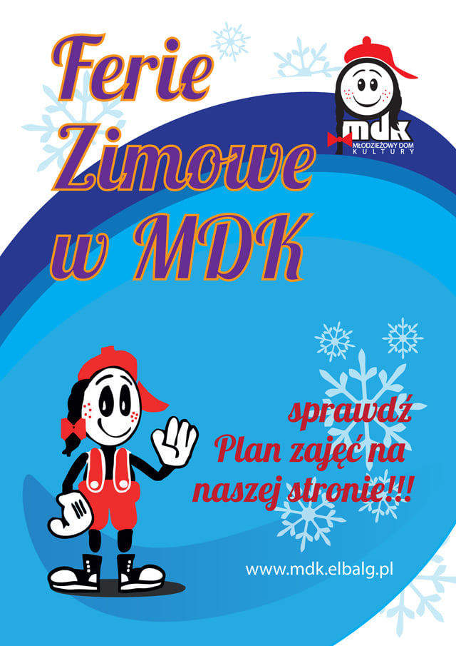 Plakat graficzny zapraszający do Elbląga na ferie zimowe 2022.  