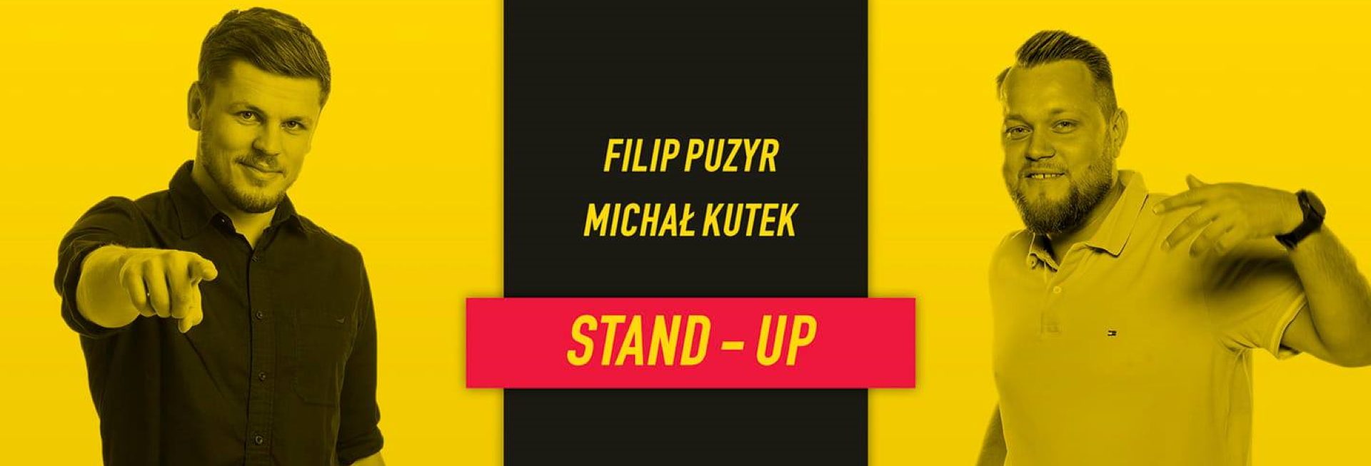 Plakat graficzny zapraszający do Klubu Mjazzga w Elblągu na występ Stand-up: Michał Kutek i Filip Puzyr – Elbląg 2022.