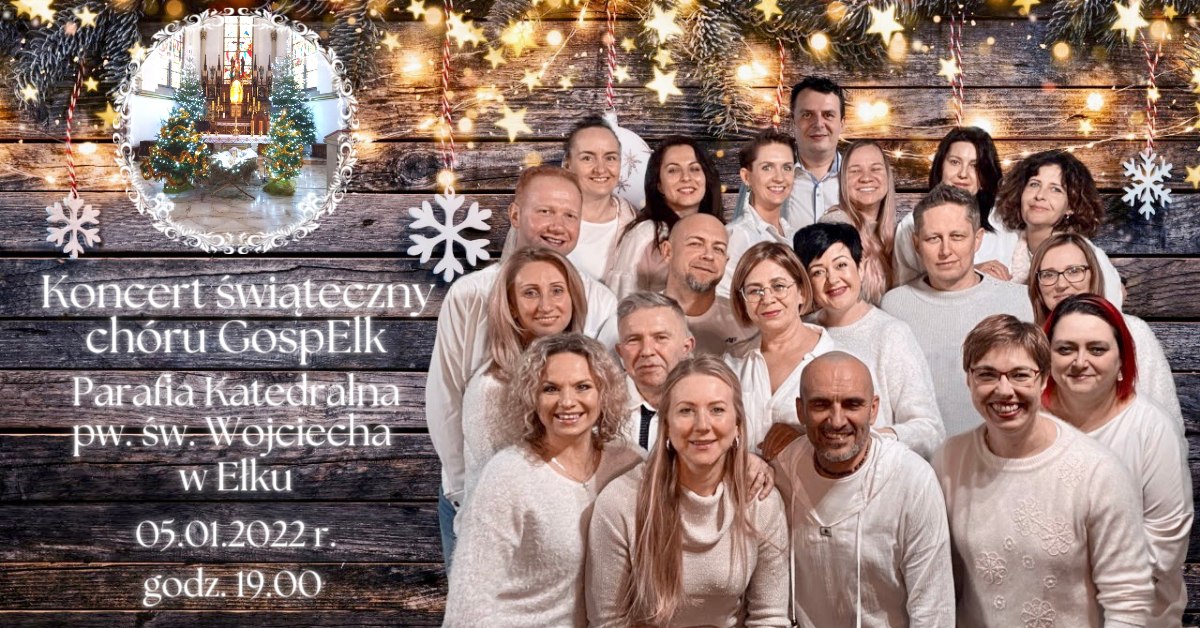 Plakat graficzny zapraszający na niecodzienny koncert świąteczny w wykonaniu chóru GospElk.