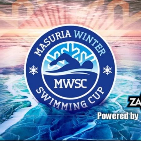 Plakat graficzny zapraszający do Ełku na zawody w cyklu Pucharu Polski w Pływaniu Zimowym Ice Cup Poland Ełk 2022!