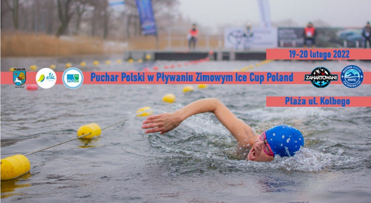 Plakat graficzny zapraszający do Ełku na zawody w cyklu Pucharu Polski w Pływaniu Zimowym Ice Cup Poland Ełk 2022!