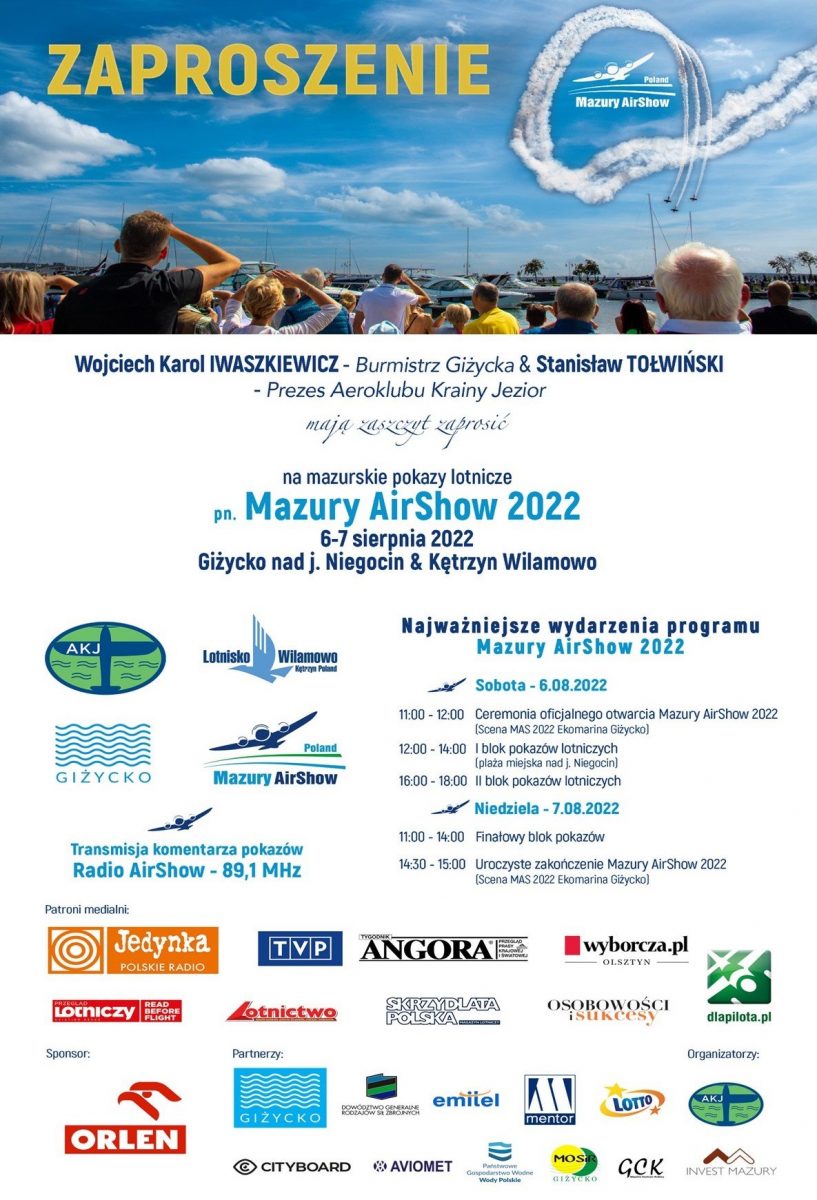 Plakat zapraszający do Giżycka na Mazury Air Show 2022.