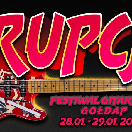 Plakat graficzny zapraszający do Gołdapi na cykliczną imprezę Festiwal Gitarowy ERUPCJA Gołdap 2022.