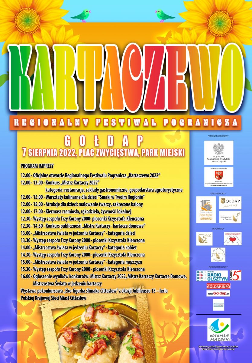 Plakat zapraszający na Regionalny Festiwal Pogranicza Kartaczewo Gołdap 2022. 