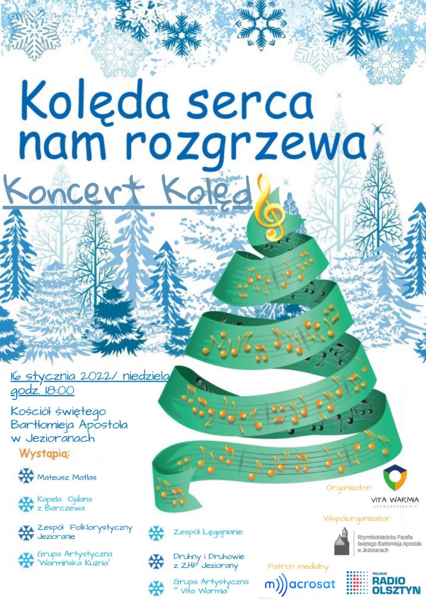 Plakat graficzny zapraszający na koncert kolęd "Kolenda serca nam rozgrzewa" Jeziorany 2022.
