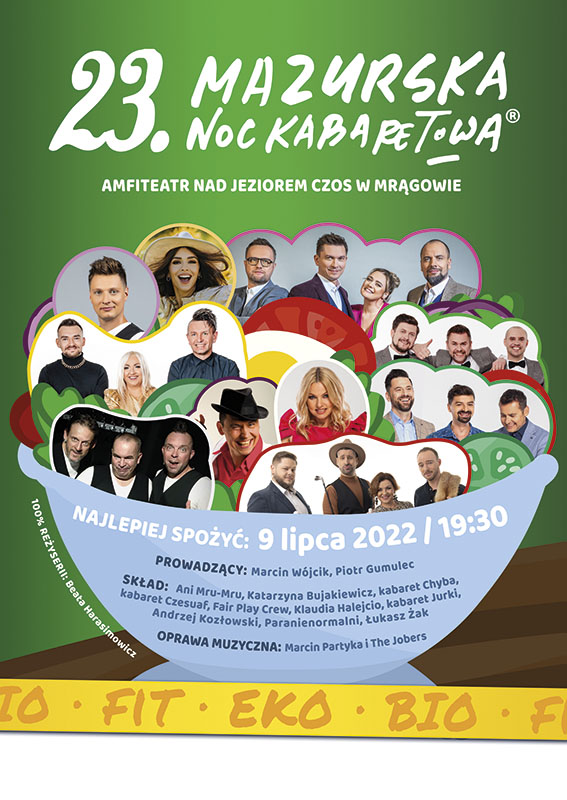 Plakat graficzny zapraszający do Mrągowa na 23. edycję Mazurskiej Nocy Kabaretowej Mrągowo 2022.