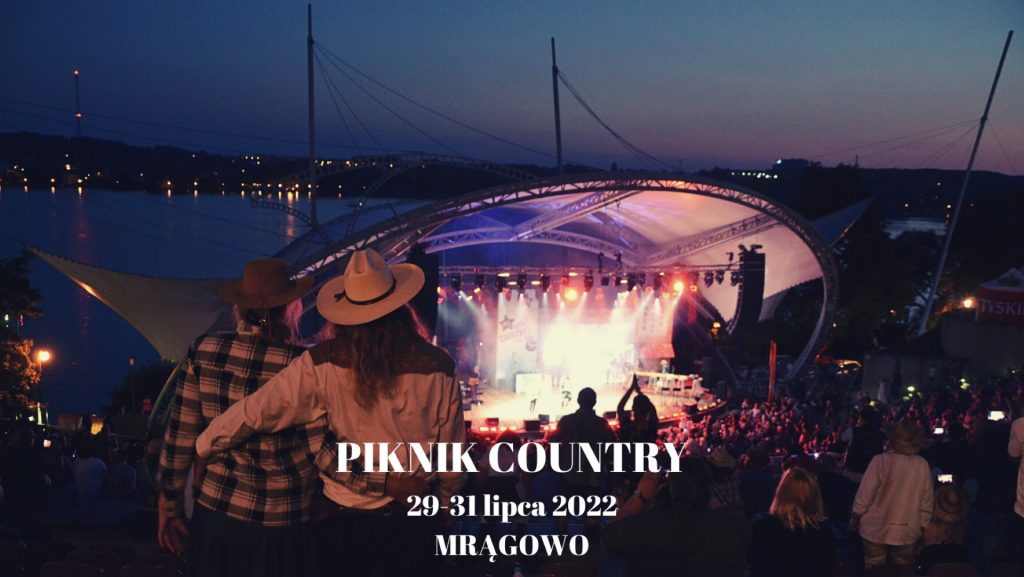 Plakat graficzny zapraszający do Mrągowa na kolejną edycję Pikniku Country Mrągowo 2022.