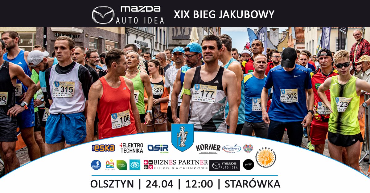 Plakat graficzny zapraszający do Olsztyna na 19. edycję Biegu Jakubowego Olsztyn 2022.  