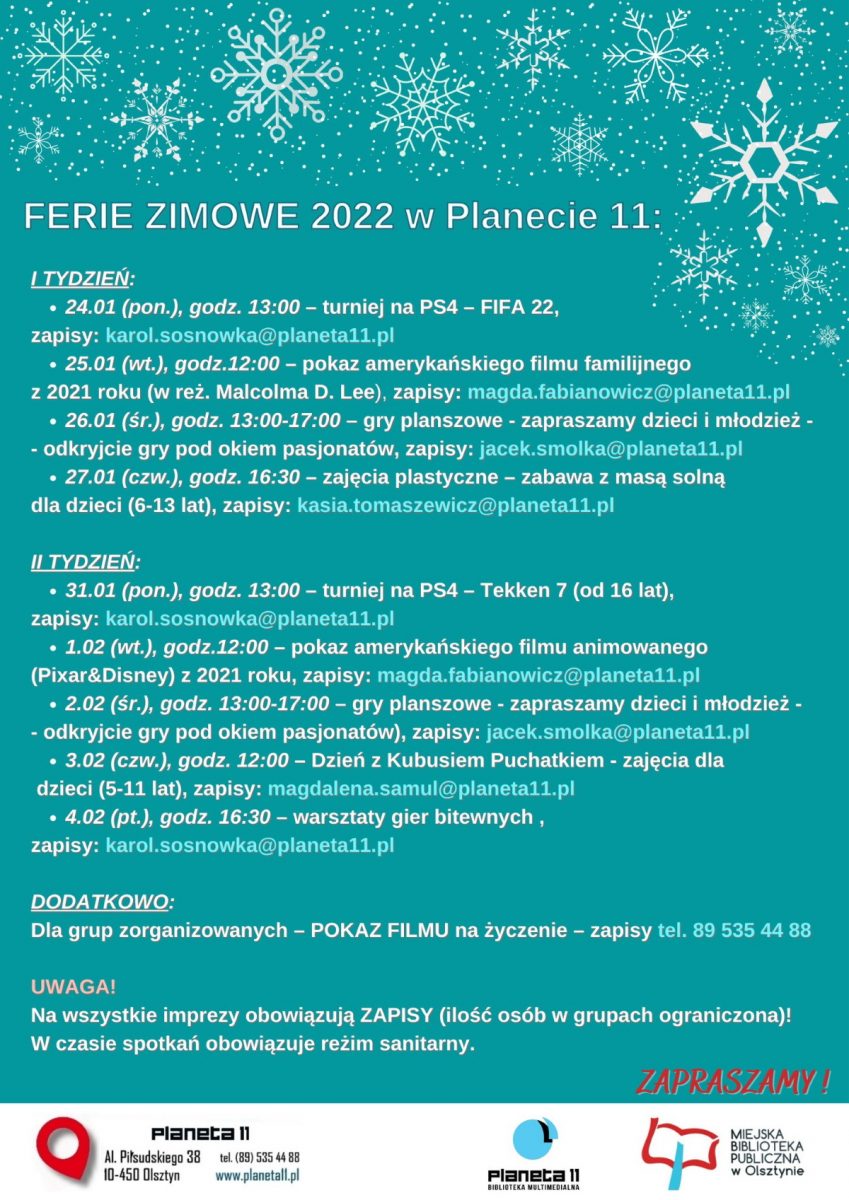 Plakat graficzny zapraszający do Olsztyna na ferie zimowe 2022 organizowane przez Bibliotekę Multimedialną w Olsztynie – Planeta 11. 