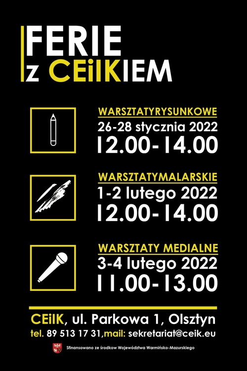 Plakat graficzny zapraszający do Centrum Edukacji i Inicjatyw Kulturalnych w Olsztynie na ferie zimowe 2022. 