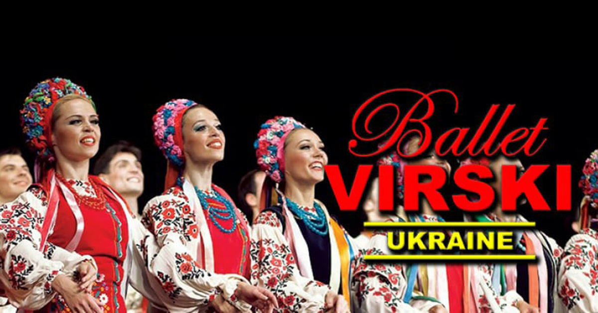 Plakat graficzny zapraszający do Olsztyna na występ Narodowego Baletu Ukrainy VIRSKI, który odbędzie się w Filharmonii Warmińsko-Mazurskiej w Olsztynie. 