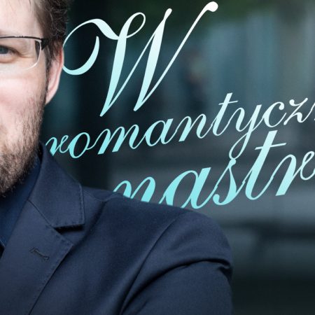 Plakat graficzny zapraszający do Olsztyna na mistrzowski recital fortepianowy "W romantycznym nastroju" 2022, organizowany w Warmińsko-Mazurskiej Filharmonii w Olsztynie.