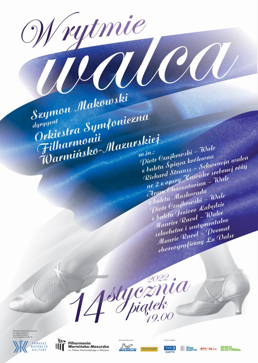 Plakat graficzny zapraszający na koncert symfoniczny "W rytmie walca" organizowany w Warmińsko-Mazurskiej Filharmonii w Olsztynie 2022.