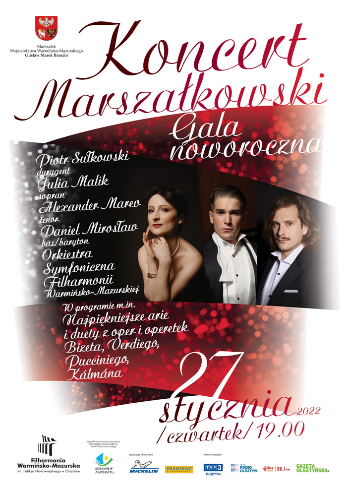 Plakat graficzny zapraszający do Olsztyna na Koncert Marszałkowski - Gala noworoczna 2022, która odbędzie się w Filharmonii Warmińsko-Mazurskiej w Olsztynie.