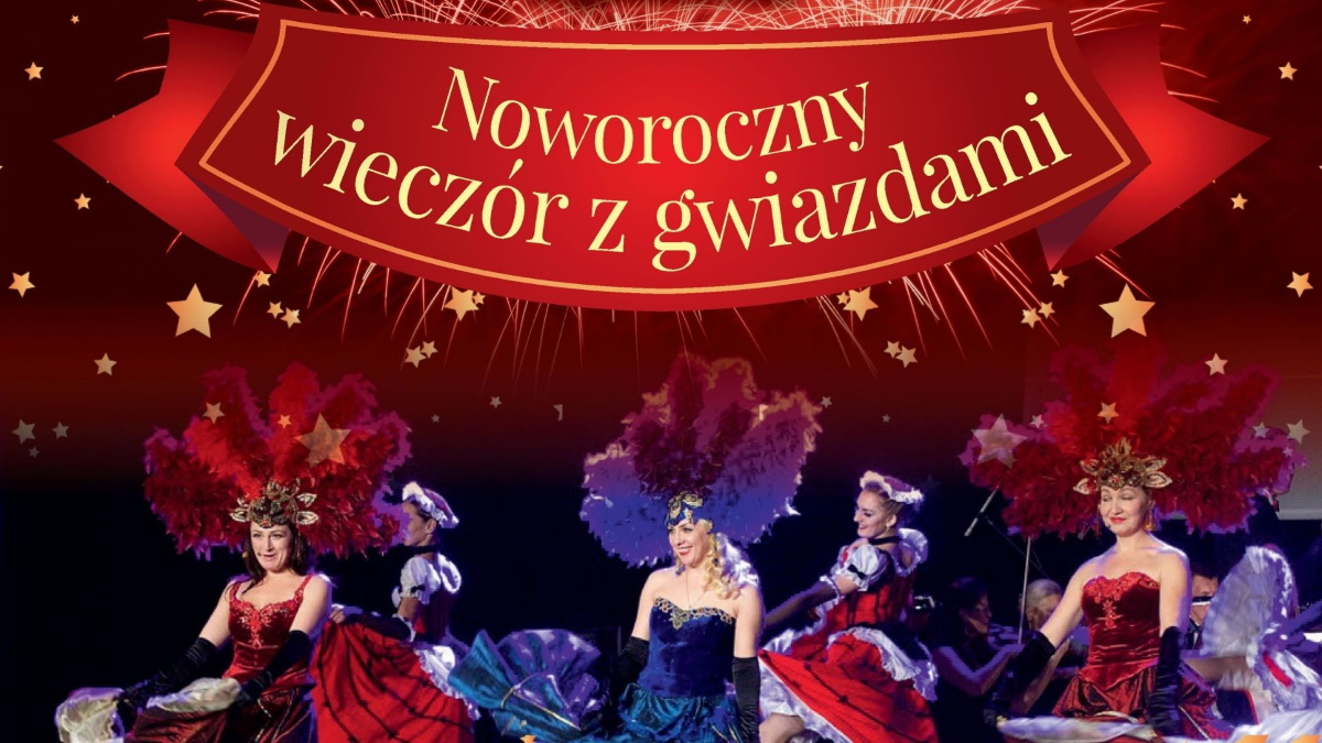 Plakat graficzny zapraszający do Olsztyna na Koncert Noworoczny Teatru Narodowego Operetki Kijowskiej - Olsztyn 2022.