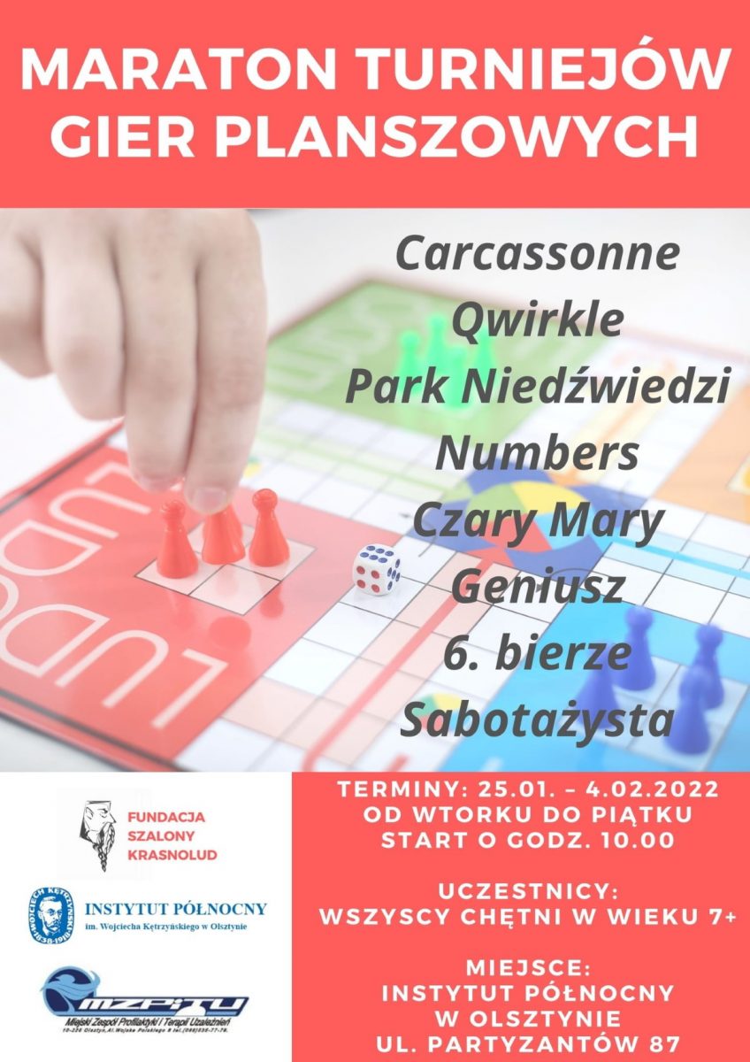 Plakat graficzny zapraszający na Maraton Turniejów Gier Planszowych 2022 do Instytutu Północny w Olsztynie.