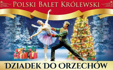 Plakat graficzny zapraszający do Olsztyna na występ Polskiego Baletu Królewskiego - "Dziadek do orzechów" Olsztyn 2022.