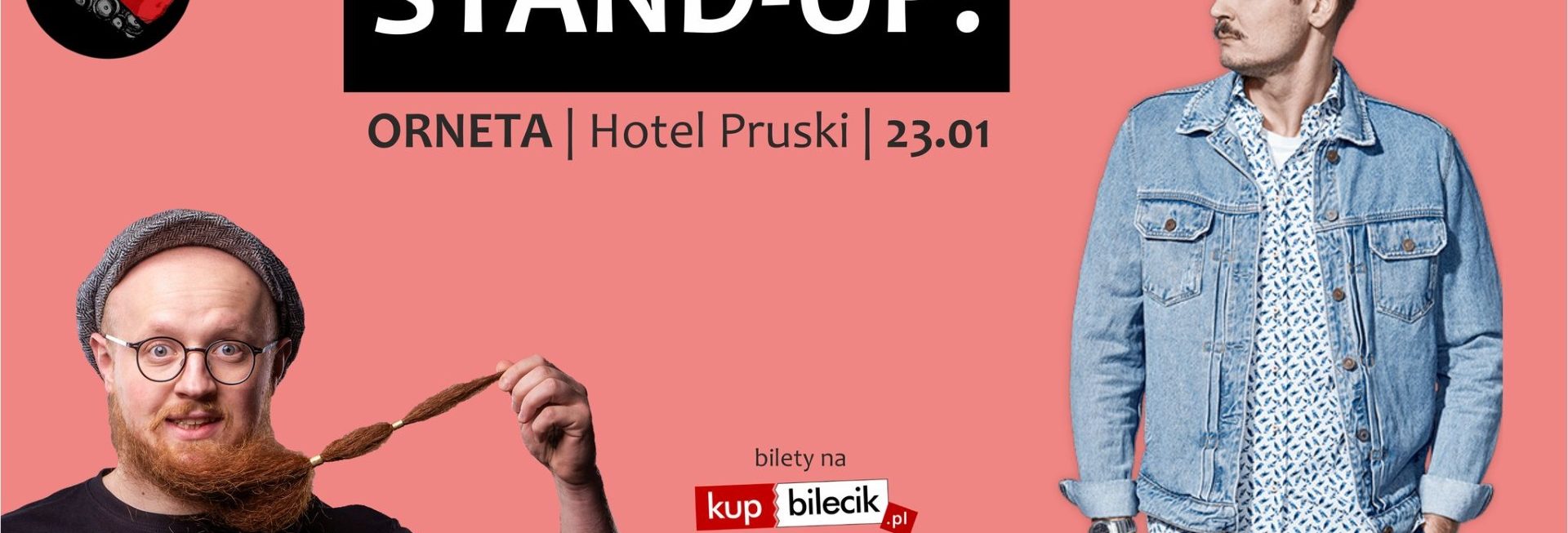 Plakat graficzny zapraszający do Ornety na Stand-up MACIEK ADAMCZYK & ARKADIUSZ JAKSA JAKSZEWICZ - Orneta 2022.