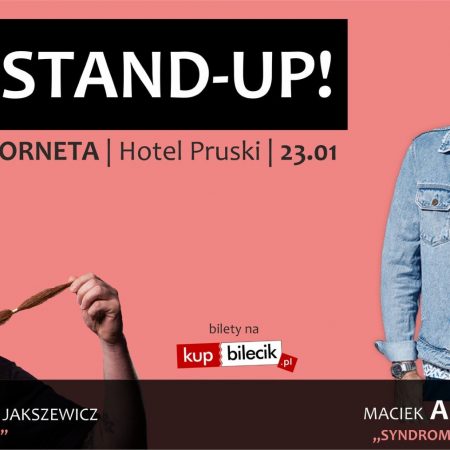 Plakat graficzny zapraszający do Ornety na Stand-up MACIEK ADAMCZYK & ARKADIUSZ JAKSA JAKSZEWICZ - Orneta 2022.