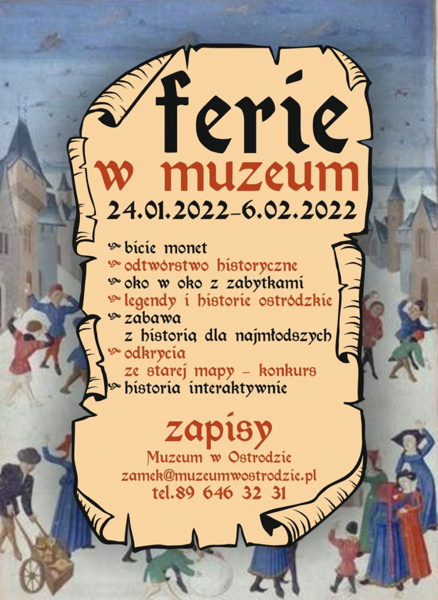 Plakat graficzny zapraszający do Muzeum w Ostródzie na zimowe ferie 2022.