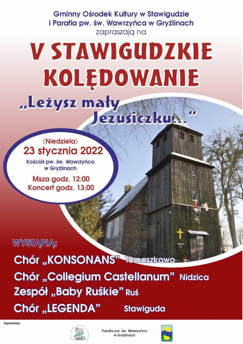 Plakat graficzny zapraszający do miejscowości Gryźliny w gminie Stawiguda na 5. edycję Stawigudzkiego Kolędowania 2022.