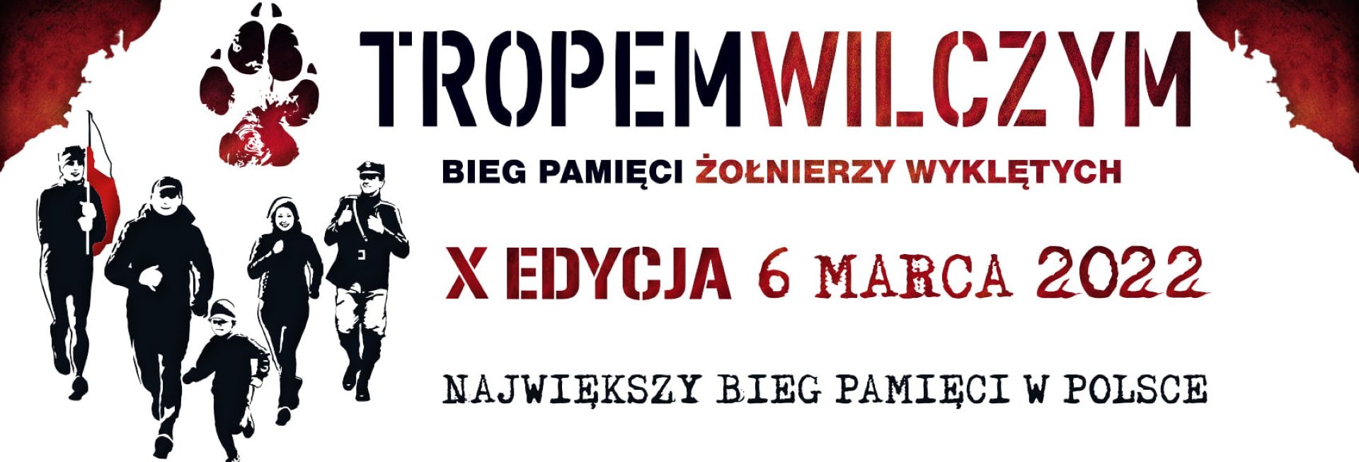 Plakat graficzny zapraszający do Mrągowa na kolejną edycję Biegu Pamięci Żołnierzy Wyklętych „Tropem Wilczym”. 