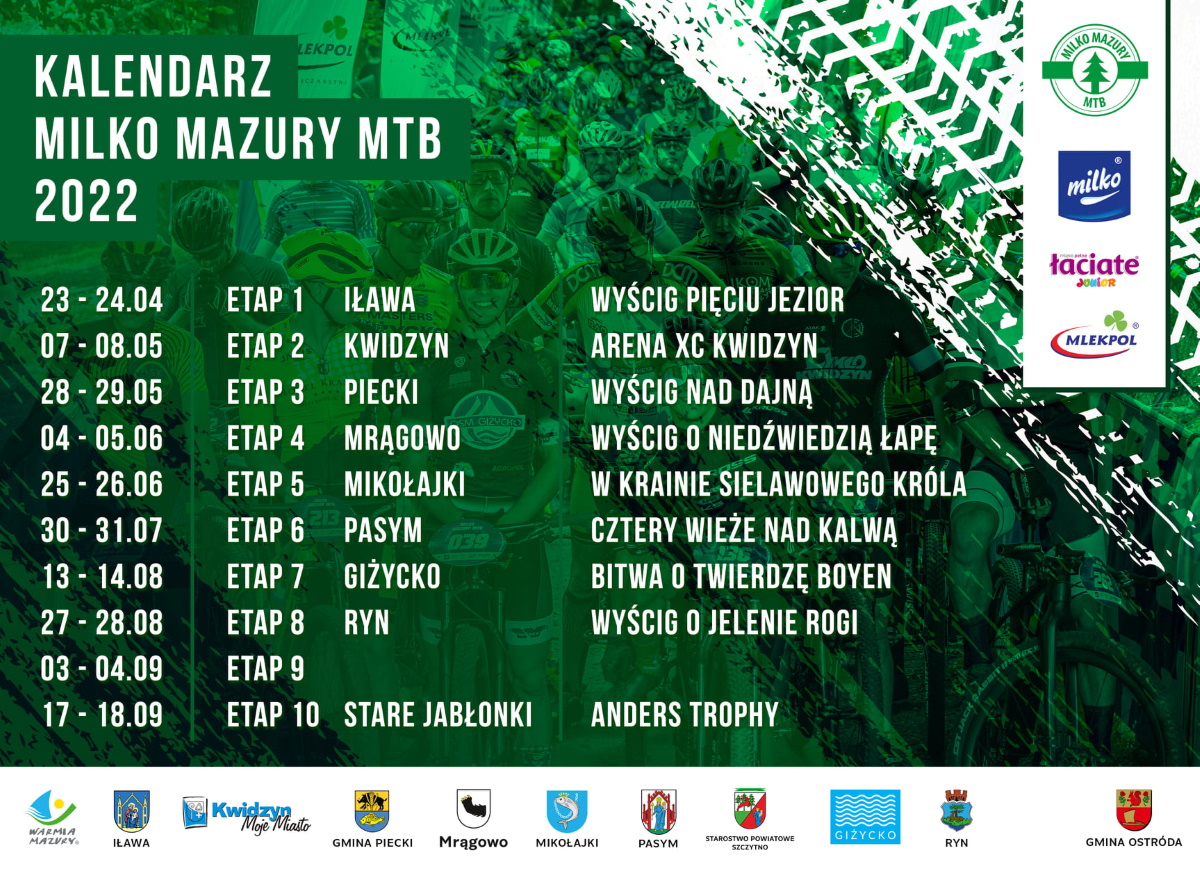 Plakat graficzny - kalendarz imprez roku 2022, zapraszający na wyścigi Milko Mazury MTB 2022 po Warmii i Mazurach. 