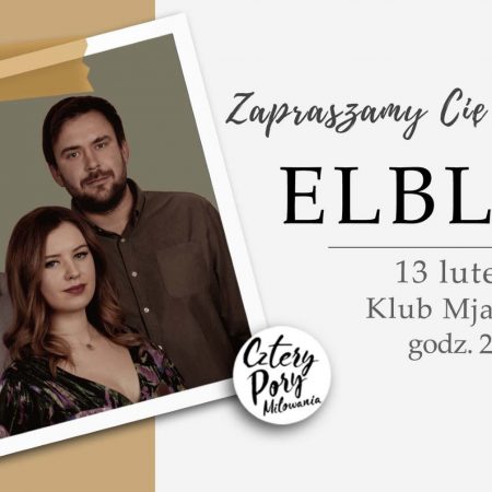 Plakat graficzny zapraszający do Klubu Mjazzga w Elblągu na koncert zespołu Cztery Pory Miłowania - Elbląg 2022.
