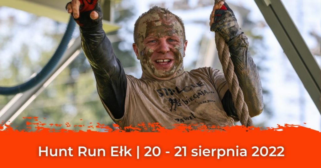 Plakat graficzny zapraszający do Ełku na zawody Hunt Run Ełk 2022 - Bieg z Przeszkodami Aloha Dziku!