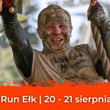 Plakat graficzny zapraszający do Ełku na zawody Hunt Run Ełk 2022 - Bieg z Przeszkodami Aloha Dziku!