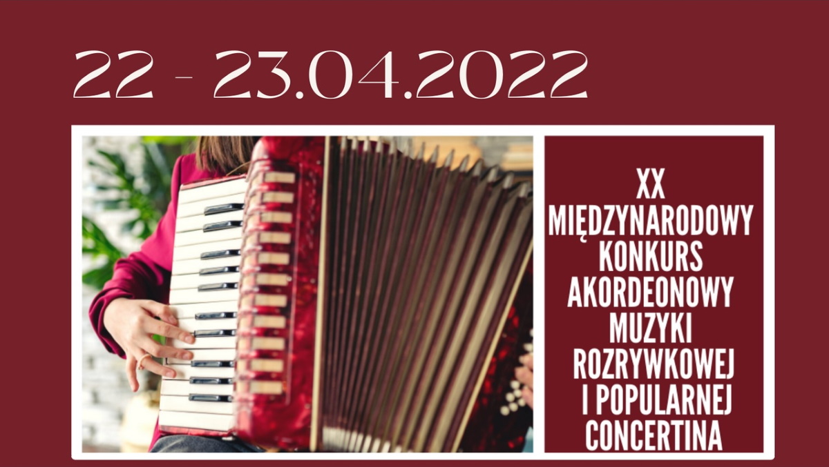 Plakat graficzny zapraszający do Giżycka na XX Międzynarodowy Konkurs Akordeonowy Concertina Muzyki Rozrywkowej i Popularnej Giżycko 2022.