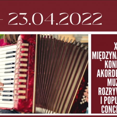 Plakat graficzny zapraszający do Giżycka na XX Międzynarodowy Konkurs Akordeonowy Concertina Muzyki Rozrywkowej i Popularnej Giżycko 2022.