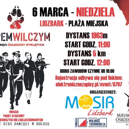 Plakat graficzny zapraszający do Lidzbarka na kolejną edycję Biegu Pamięci Żołnierzy Wyklętych "Tropem Wilczym" Lidzbark 2022.
