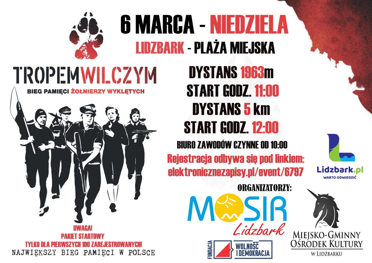 Plakat graficzny zapraszający do Lidzbarka na kolejną edycję Biegu Pamięci Żołnierzy Wyklętych "Tropem Wilczym" Lidzbark 2022.