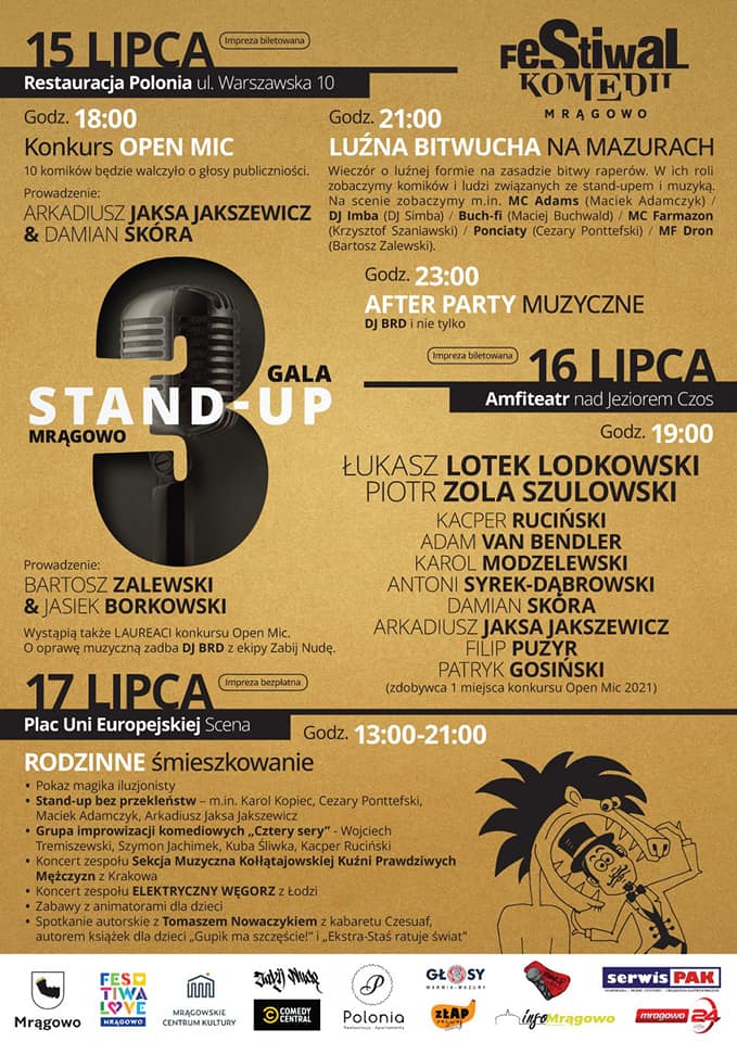 Plakat zapraszający do Mrągowa na Galę Stand-up Mrągowo - Festiwal Komedii Mrągowo 2022.