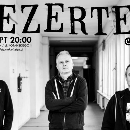 Plakat graficzny zapraszający do Olsztyna na koncert zespołu Dezerter w Olsztynie.