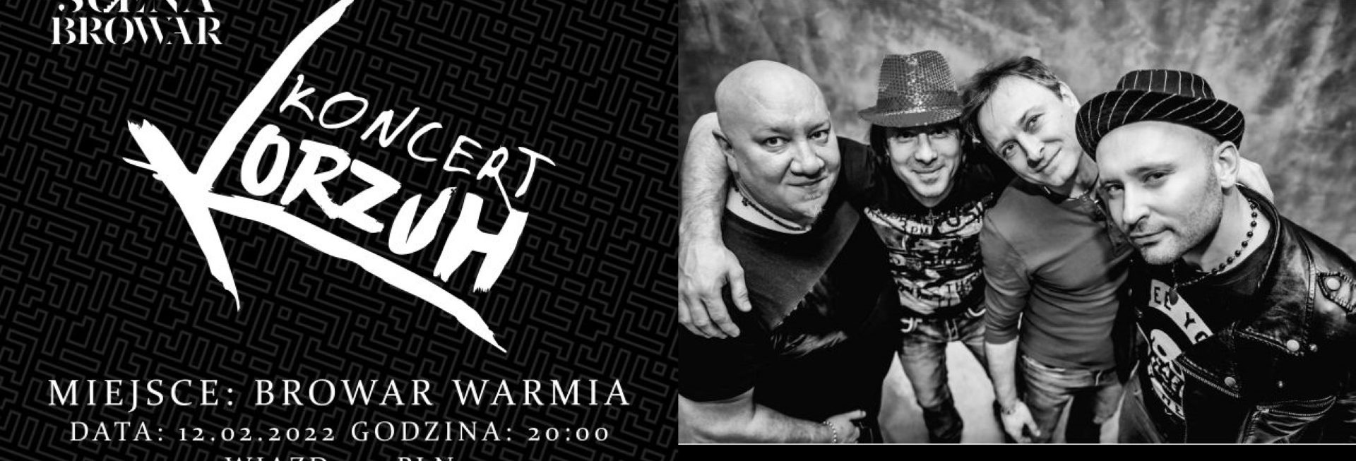 Plakat graficzny zapraszający do Browaru Warmia w Olsztynie na koncert zespołu KORZUH Olsztyn 2022.