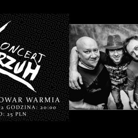 Plakat graficzny zapraszający do Browaru Warmia w Olsztynie na koncert zespołu KORZUH Olsztyn 2022.