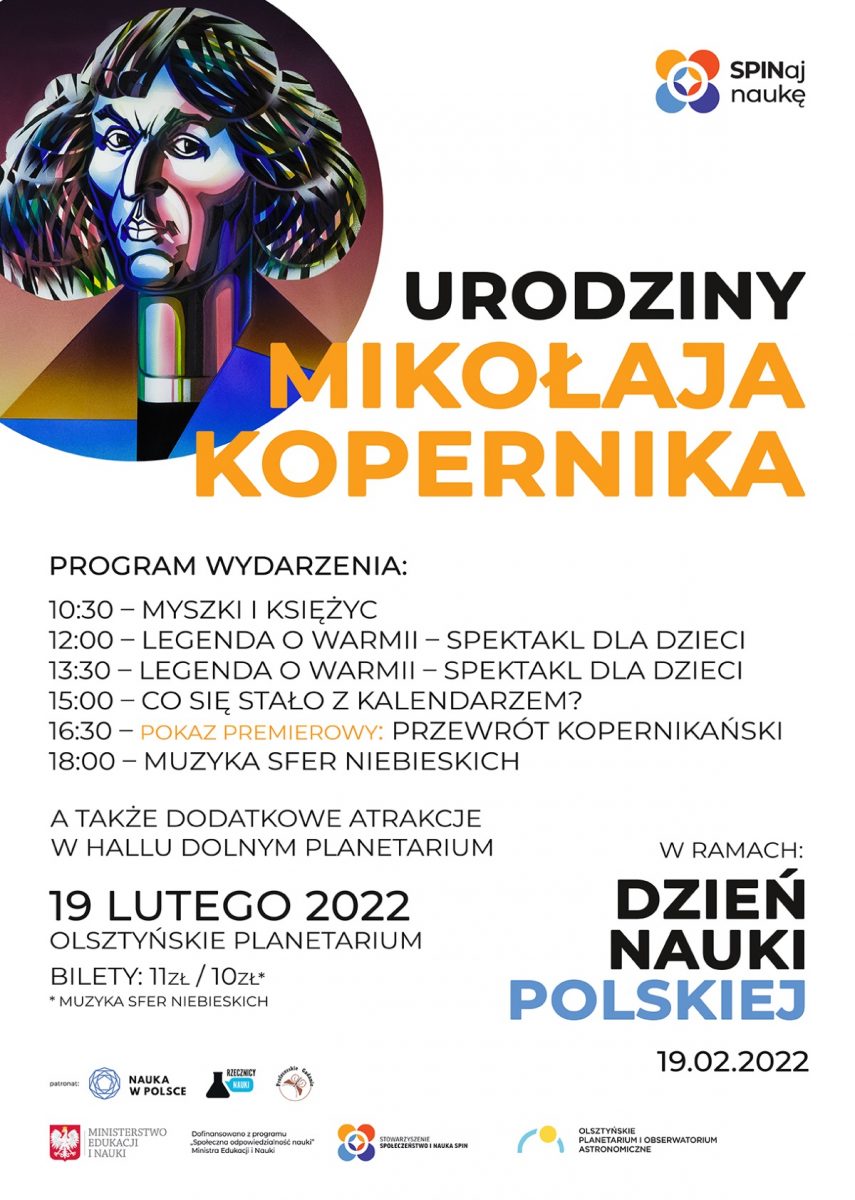 Plakat graficzny zapraszający do Olsztyńskiego Planetarium na urodziny Mikołaja Kopernika - Dzień Nauki Polskiej w Olsztynie. 