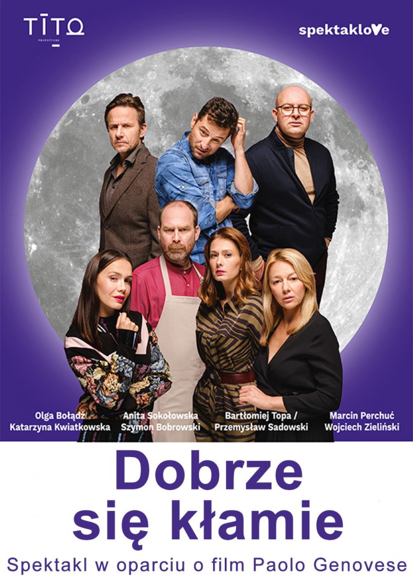 Plakat graficzny zapraszający do Olsztyna na spektakl komediowy Dobrze się kłamie Olsztyn 2022.
