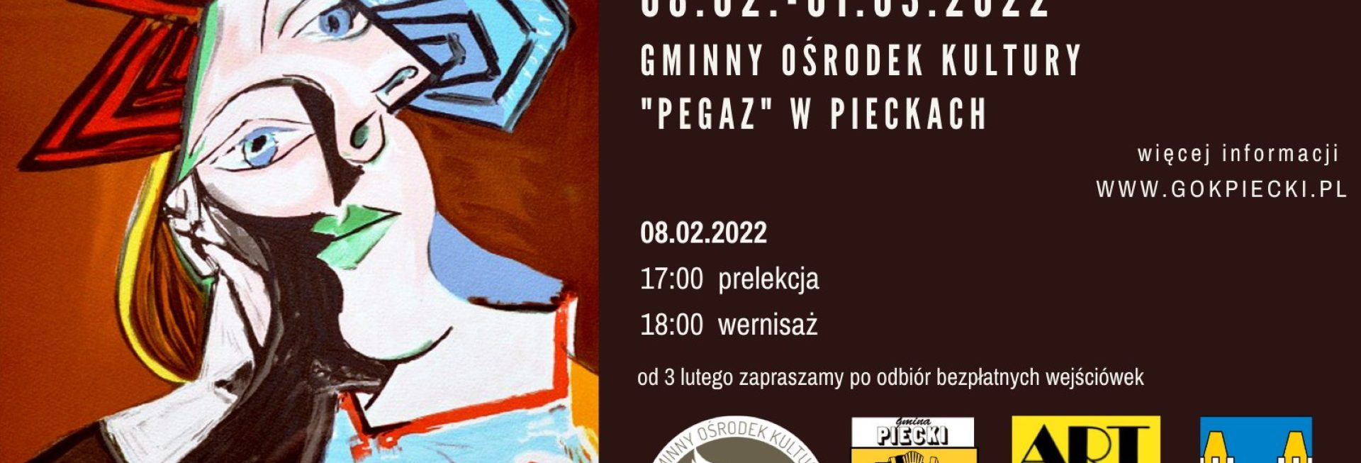Plakat graficzny zapraszający do miejscowości Piecki na Picasso w Pieckach - Wernisaż "Grafika nieokiełznana".