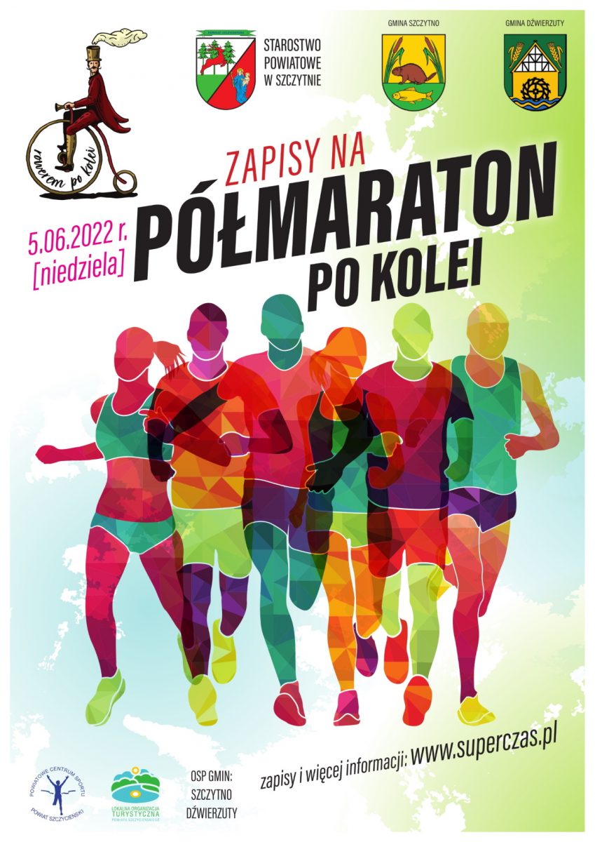 Plakat graficzny zapraszający do miejscowości Lemany k. Szczytna na 1. edycję Półmaratonu Po Kolei Szczytno 2022.