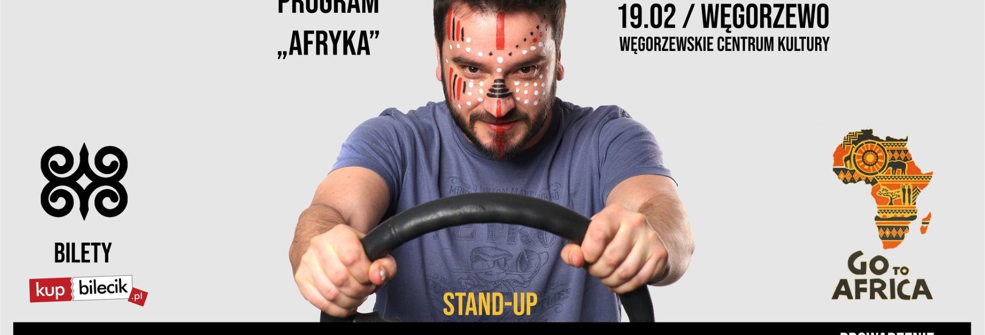 Plakat graficzny zapraszający do Węgorzewa na występ Stand-up Karol Modzelewski Węgorzewo 2022.