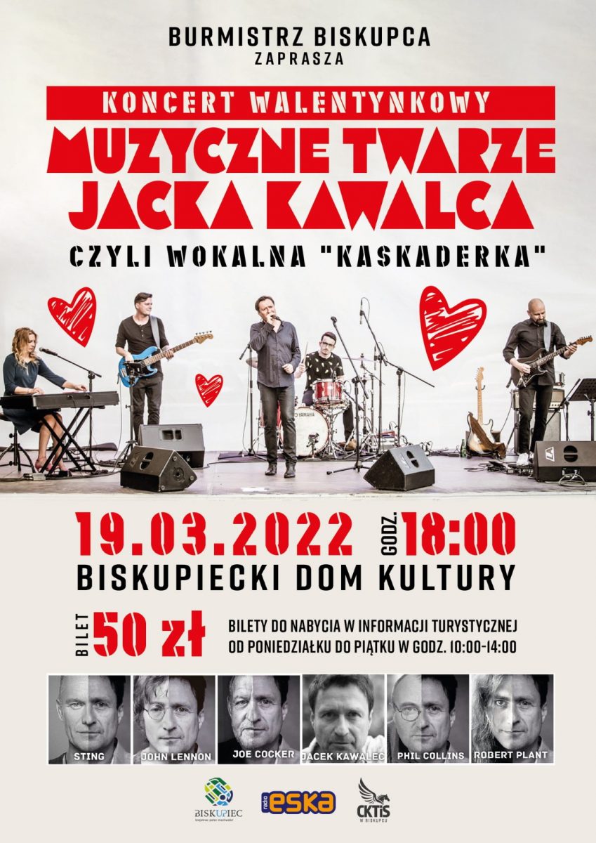 Plakat graficzny zapraszający do Biskupca na koncert walentynkowy "Muzyczne Twarze Jacka Kawalca" Biskupiec 2022.
