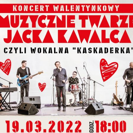 Plakat graficzny zapraszający do Biskupca na koncert walentynkowy "Muzyczne Twarze Jacka Kawalca" Biskupiec 2022.