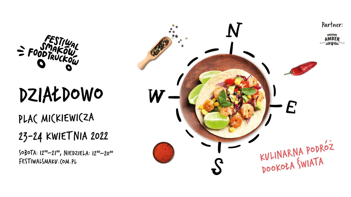 Plakat graficzny zapraszający do Działdowa na 1. edycję Festiwalu Smaków Food Trucków Działdowo 2022.