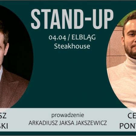 Plakat graficzny zapraszający na Stand-up Warmia BARTOSZ ZALEWSKI & CEZARY PONTTEFSKI Elbląg 2022.