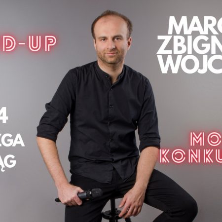 Plakat graficzny zapraszający do Elbląga na STAND-UP Marcin Zbigniew Wojciech "Moja konkubina".