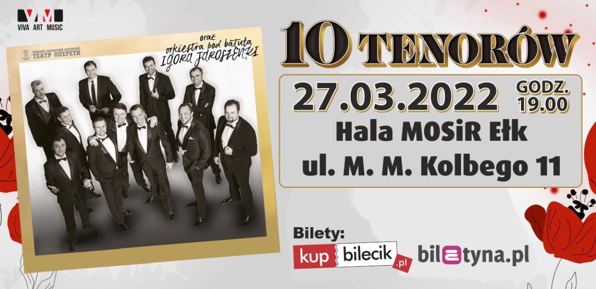 Plakat graficzny zapraszający do Ełku na koncert 10 Tenorów Ełk 2022.