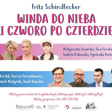Plakat graficzny zapraszający do Ełku na spektakl teatralny "Winda do nieba, czyli czworo po czterdziestce".